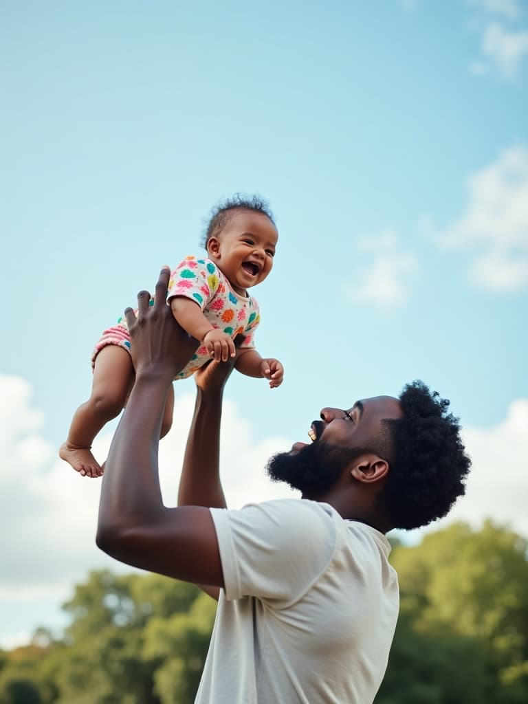 Dad lifting baby