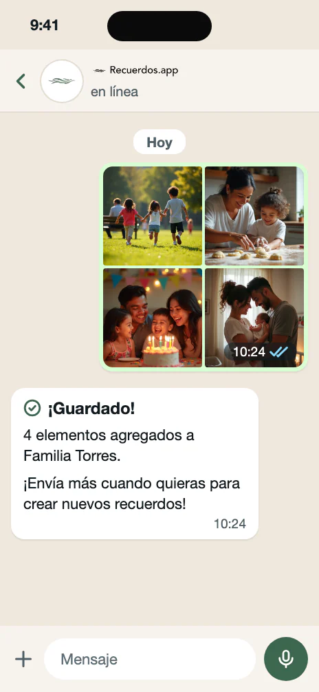 Chat de WhatsApp con Recuerdos: cuatro fotos enviadas y la respuesta ¡Guardado!